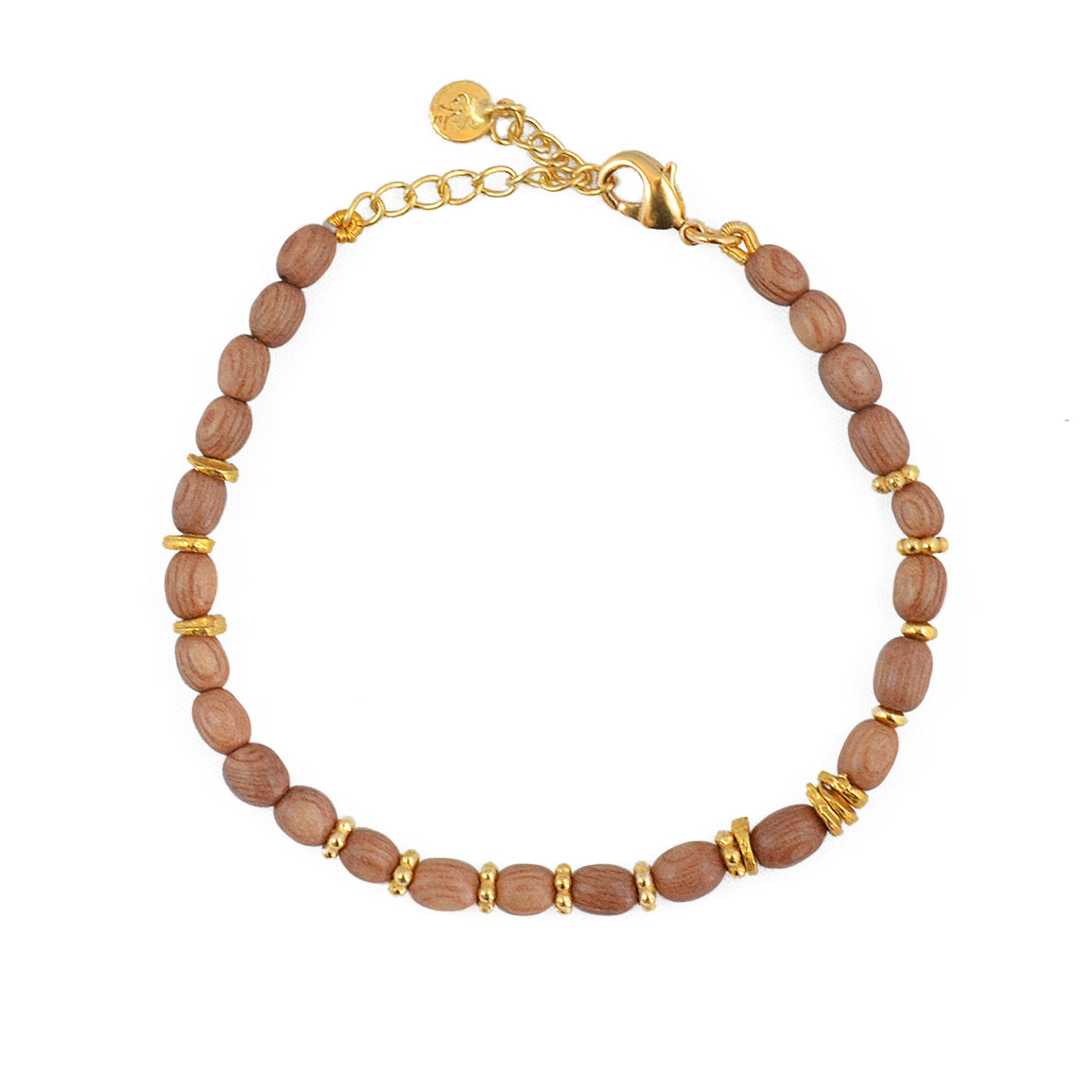 Bracelet perles en bois et disques dorés