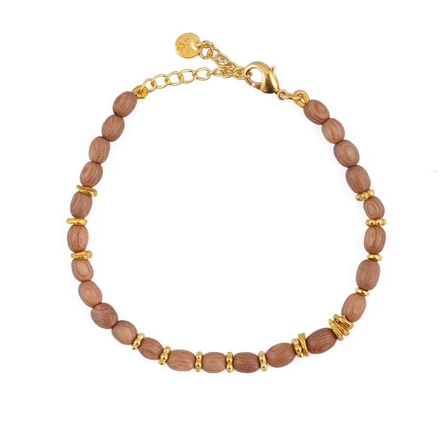 Bracelet perles en bois et disques dorés