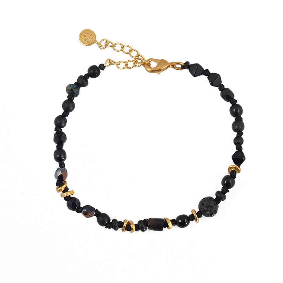Bracelet perles noeuds et disques dorés - AGATE NOIRE