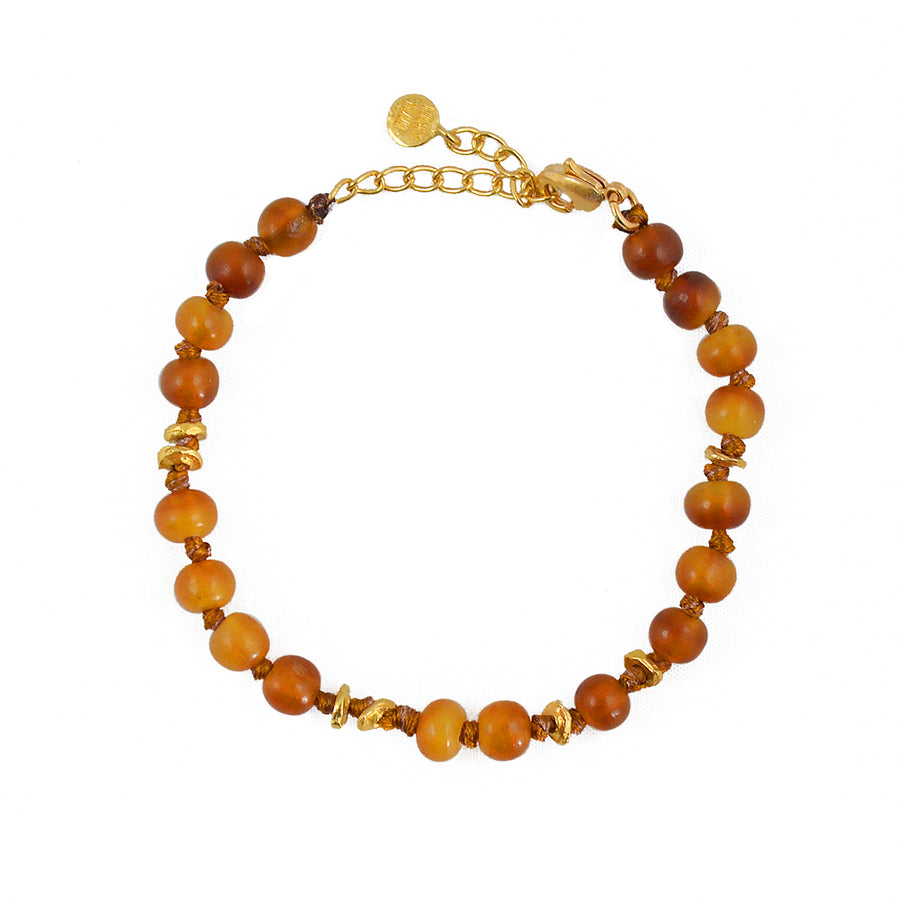 Bracelet perles noeuds et disques dorés - CORNALINE MARRON