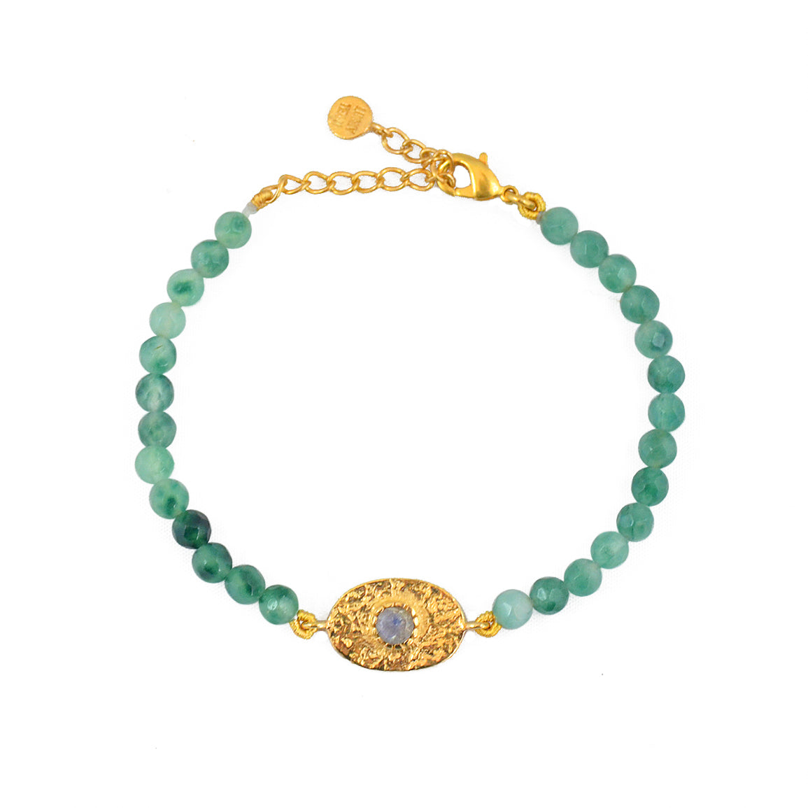 Bracelet doré pierres plaque ovale martelée - AGATE VERTE