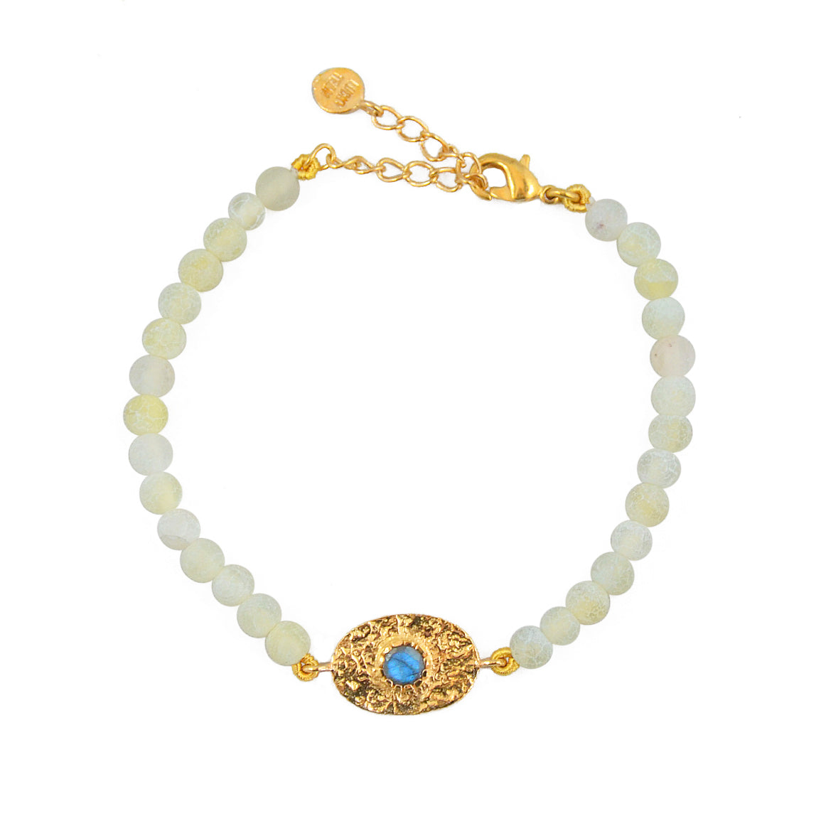 Bracelet doré pierres plaque ovale martelée - AGATE BLANCHE