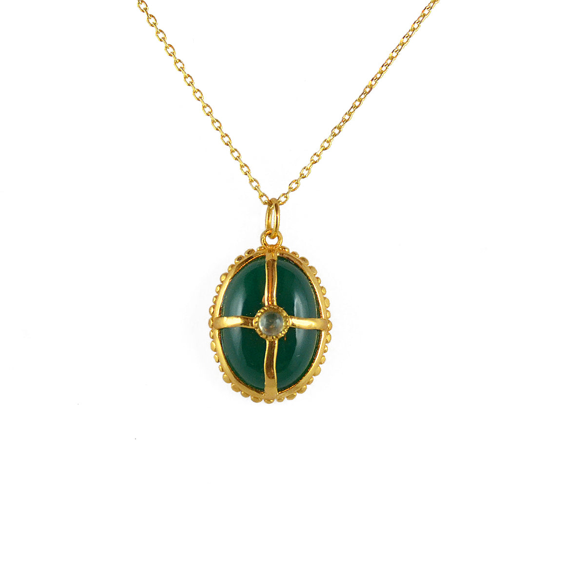 Collier doré pierre cabochon et cage dorée - ONYX VERTE &