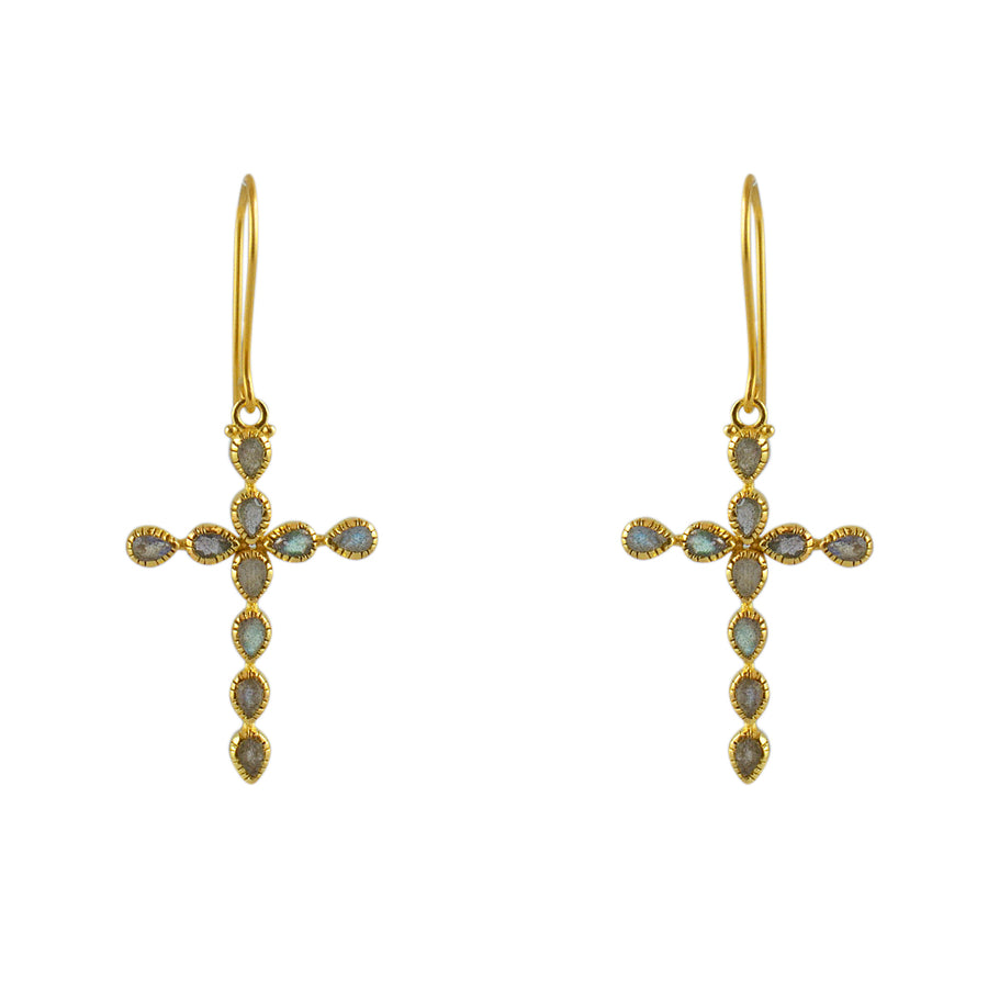 Boucles dorées croix et pierres - LABRADORITE - Boucles