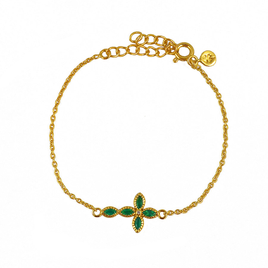 Bracelet doré croix fleur en pierre - ONYX VERTE