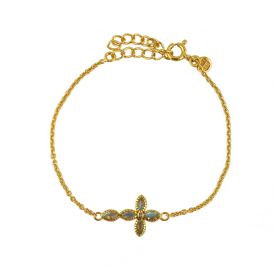 Bracelet doré croix fleur en pierre - LABRADORITE