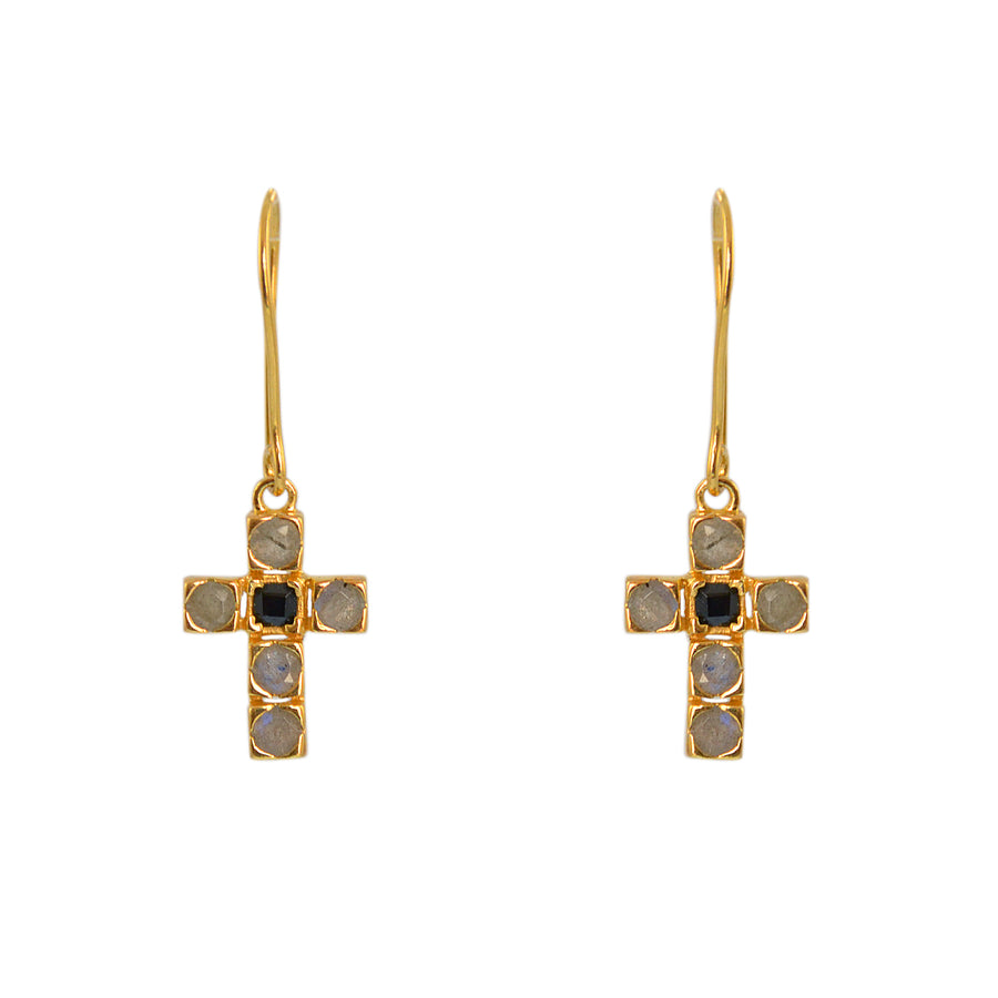 Boucles dorées croix pierres - LABRADORITE & ONYX NOIRE
