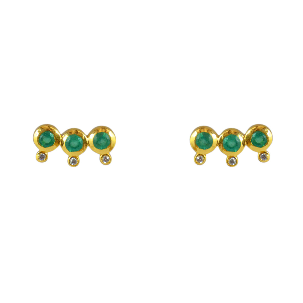 Boucles dorées puces trois pierres et zircons - ONYX VERTE -