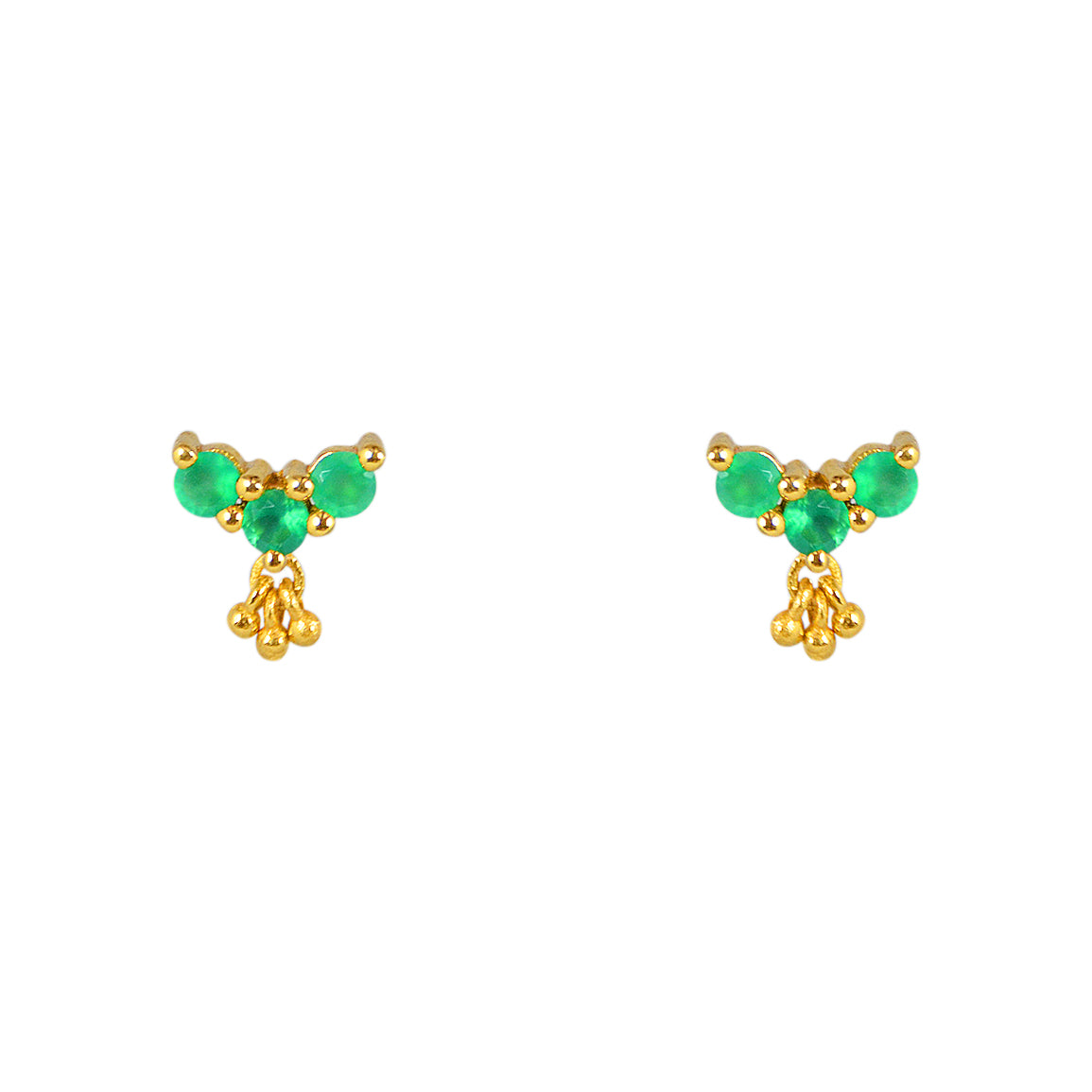 Boucles puces dorées 3 pierres et pampille - ONYX VERTE -