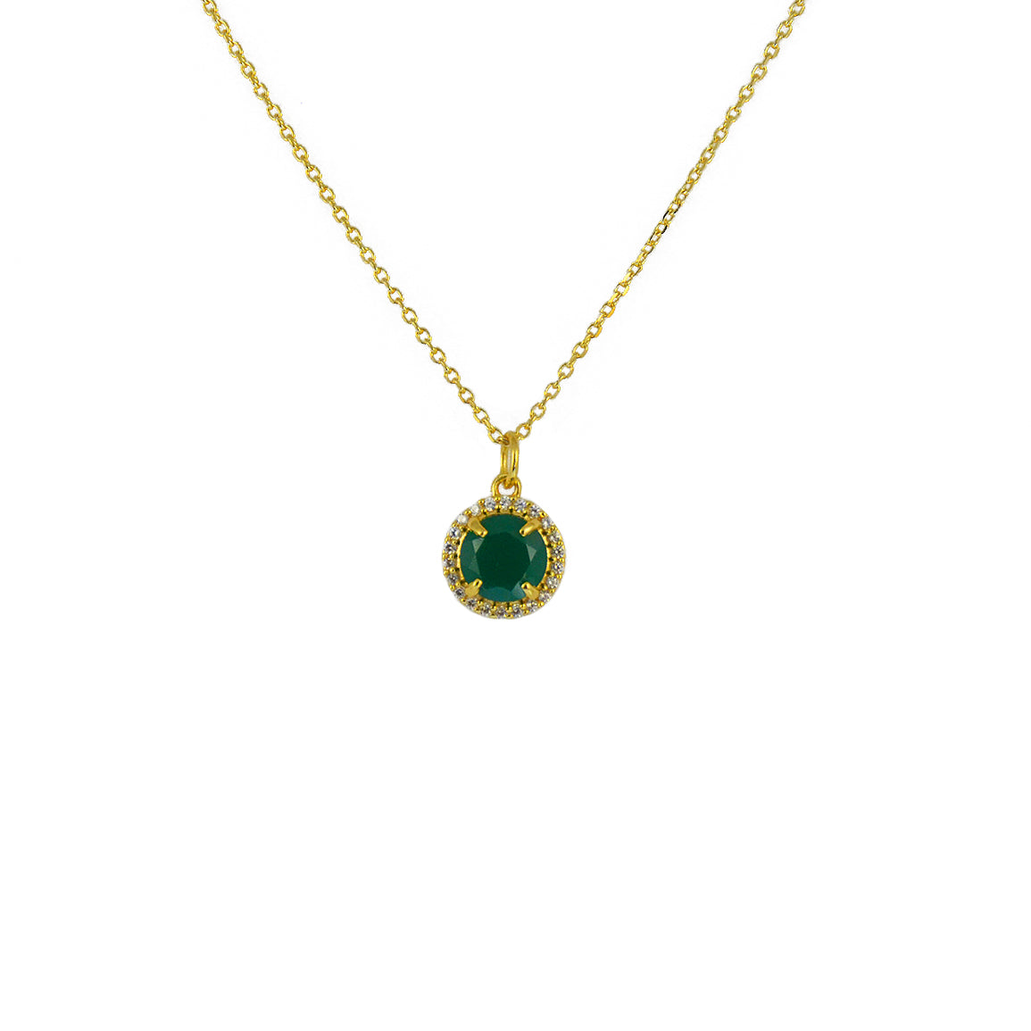 Collier doré pendentif rond pierre et zircons - ONYX VERTE -
