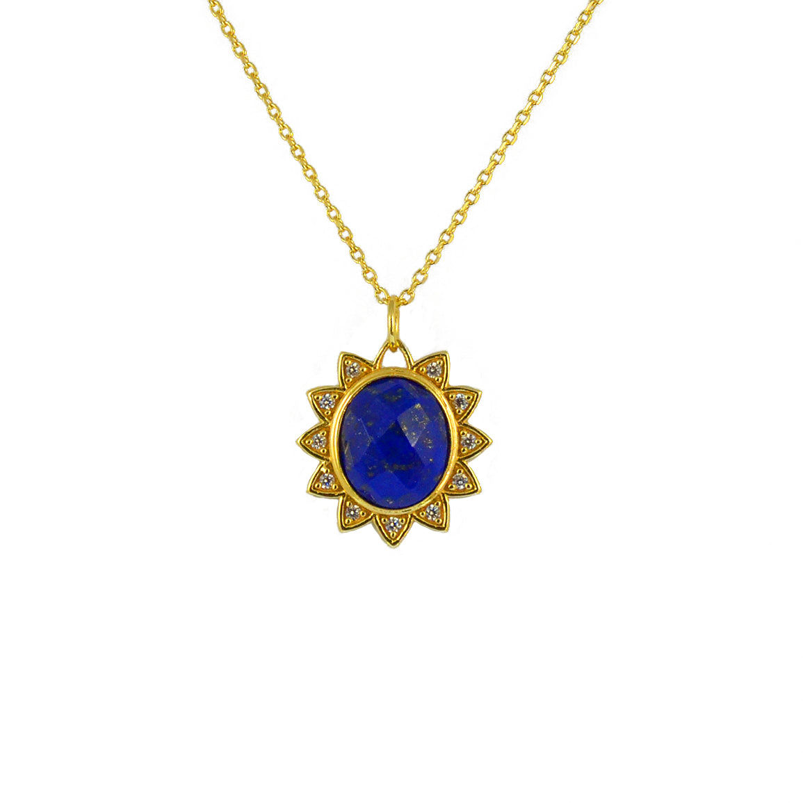 Collier doré pendentif soleil pierre facettée et zircons -
