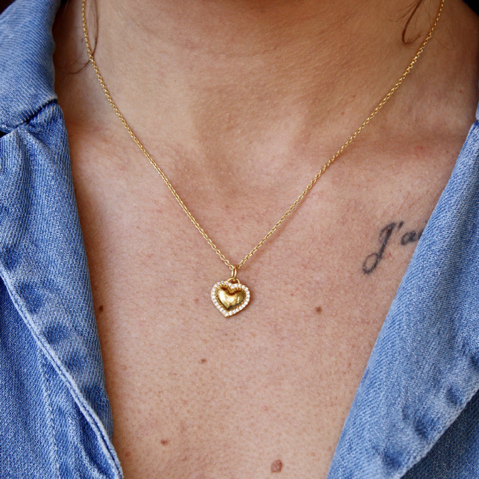 Collier doré coeur bombé et zircons - ZIRCONS BLANCS