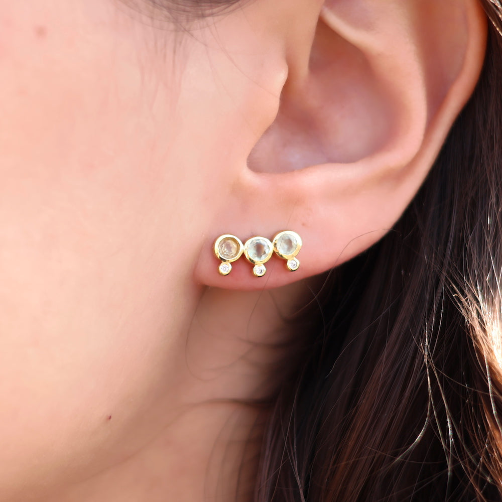 Boucles dorées puces trois pierres et zircons - PREHNITE -