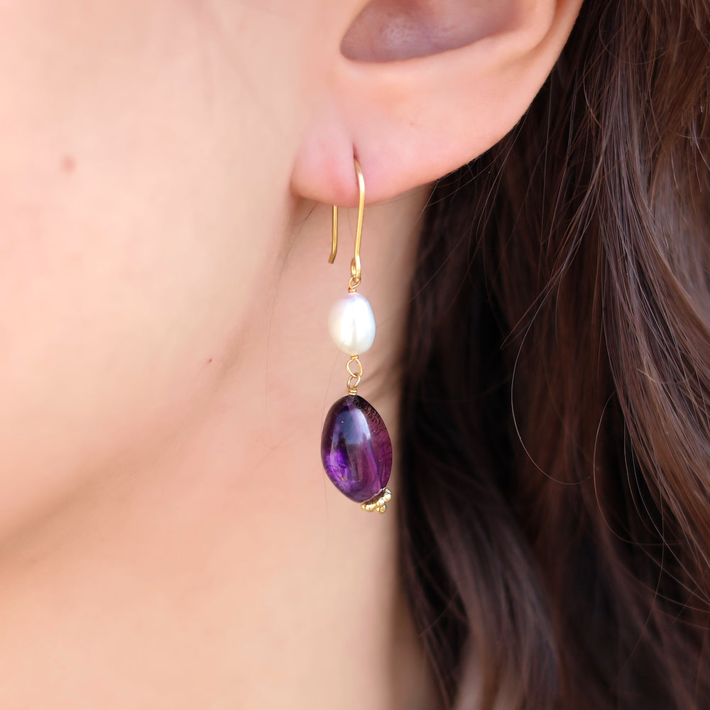 Boucles dorées pierre et perle - AMETHYST - Boucles