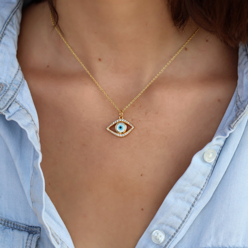 Collier doré oeil évidé nacre et zircons