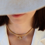 Collier doré oeil ajouré et pierre naturelle 42 cm