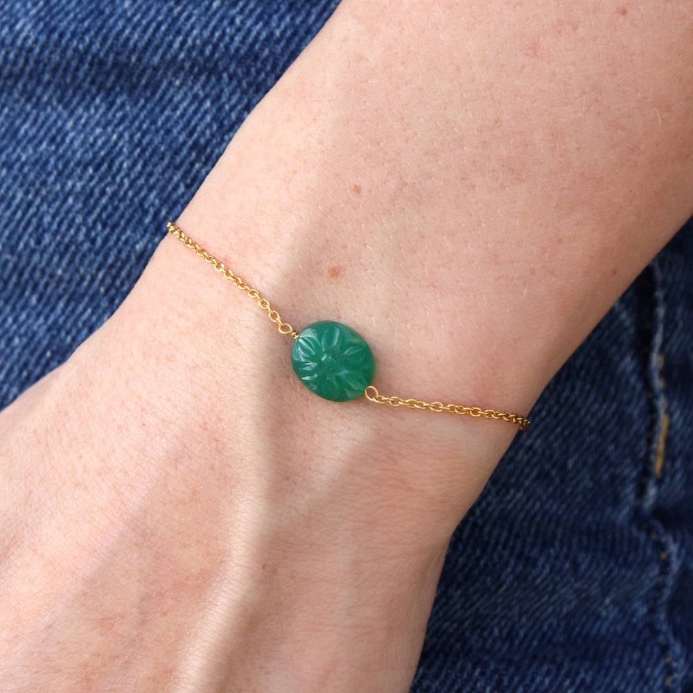 Bracelet doré fleur en pierre naturelle - ONYX VERTE