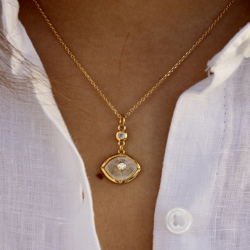 Collier doré oeil pierre et zircons - PIERRE DE LUNE