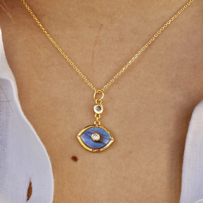 Collier doré oeil pierre et zircons - LABRADORITE