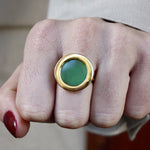 Bague dorée pierre ronde plate - 50 / ONYX VERTE