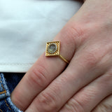 Square gold ring with round stone and zircons