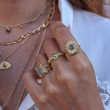 Bague dorée texturée double anneau et pierre carrée