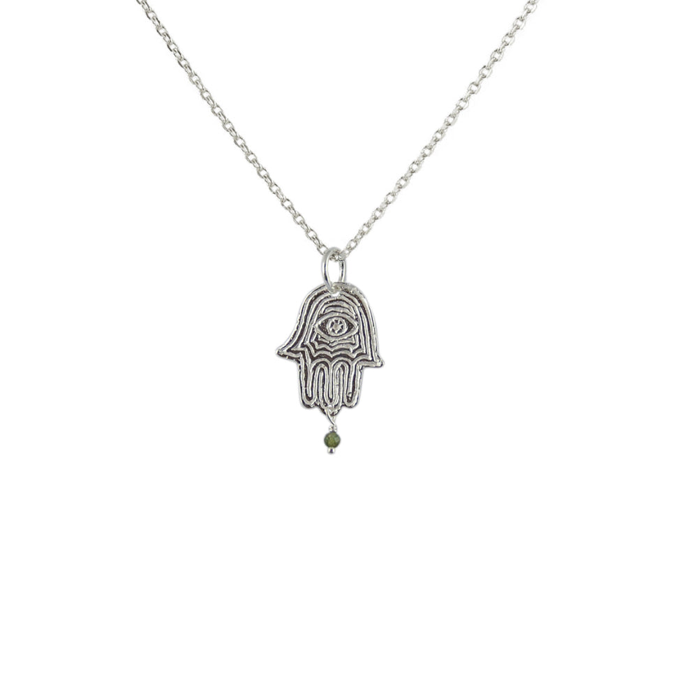 Collier argent 925 main de fatma texturée et pampille pierre