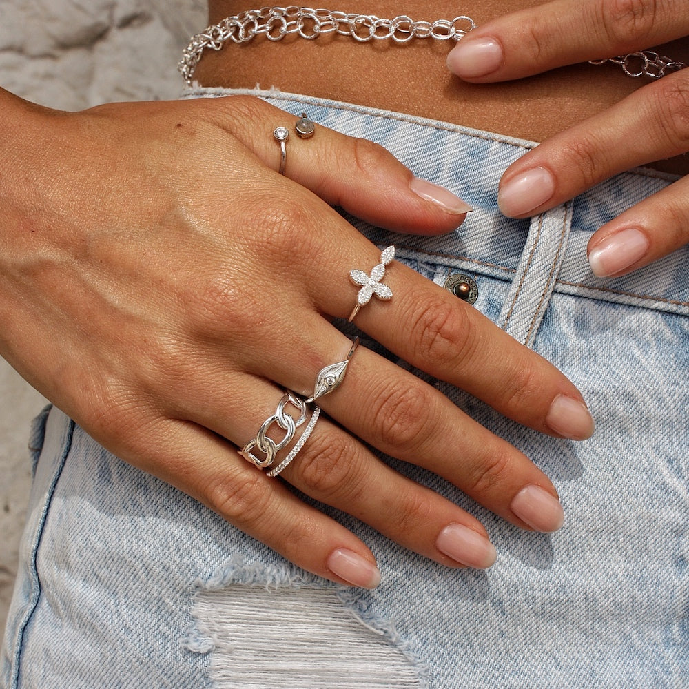 Bague argent 925 croix fleur et zircons - Bagues