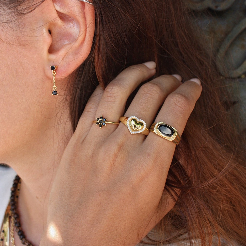 Chevalière dorée triple anneaux et pierre ovale