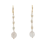 Boucles d'oreilles pendantes dorées trio perle de culture et quartz rose