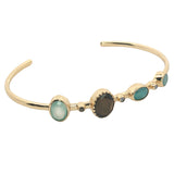 Bracelet doré jonc Gipsy prehnite, oeil de tigre, amazonite et zircons