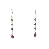 Boucles d'oreilles dorées pendantes grenat et tourmaline