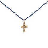 Collier doré croix picots lapis lazulis 60 cm