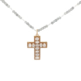 Collier doré perles pierre de lune et labradorite croix pierre de lune 60 cm