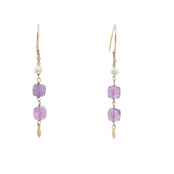 Boucles d'oreilles pendantes dorées améthyste, perle de culture et pampille
