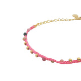 Bracelet doré cordon rose tourmaline et perles dorées