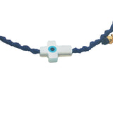 Bracelet doré cordon tressé bleu marine croix avec oeil nacre
