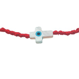 Bracelet doré cordon tressé rouge croix avec oeil nacre