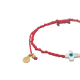 Bracelet doré cordon tressé rouge croix avec oeil nacre