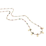 Collier doré chaine rosary en tourmaline 5 pampilles dorées 50 cm