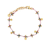 Bracelet doré cordon rose tourmaline et pampilles rondes