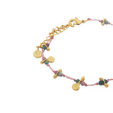 Bracelet doré cordon rose tourmaline et pampilles rondes