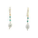 Boucles d'oreilles pendantes dorées perle de culture et onyx verte