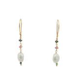 Boucles d'oreilles pendantes dorées perle de culture et tourmaline