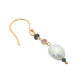 Boucles d'oreilles pendantes dorées perle de culture et tourmaline