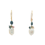 Boucles d'oreilles pendantes dorées perle et tourmaline