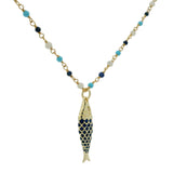 Collier santa maria doré turquoise lapis nacre de perle et poisson 60cm