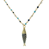 Collier santa maria doré turquoise lapis nacre de perle et poisson 60cm