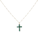 Collier doré croix en onyx verte 60 cm