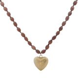 Collier doré coeur bombé brossé perles bois marron 90 cm